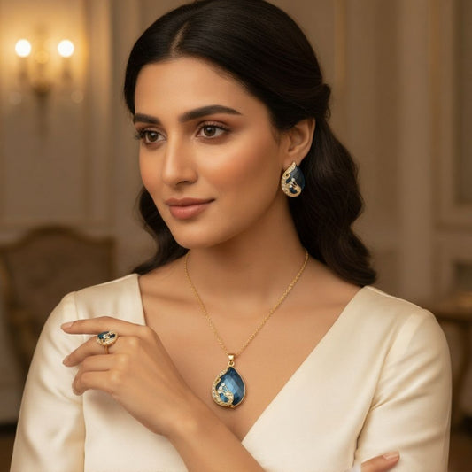 SINIMU Opulent Blue Teardrop Jewelry Set - Gold Necklace for Women with Elegant Design Adjustable