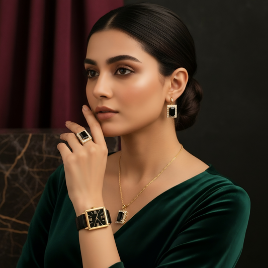 SINIMU Vintage Black Watch Jewelry Set for Women | 5pcs Elegant Accessory Collection Adjustable