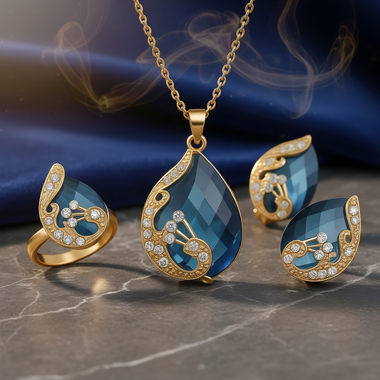 SINIMU Opulent Blue Teardrop Jewelry Set - Gold Necklace for Women with Elegant Design Adjustable