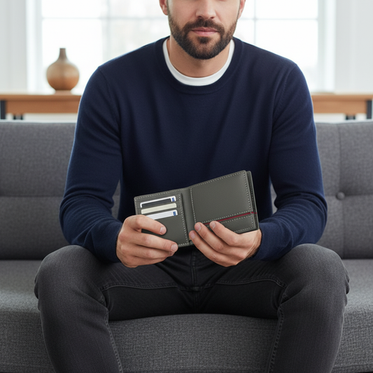 SINIMU Leather Wallet – Signature Stripe Design for Men in Grey Colors