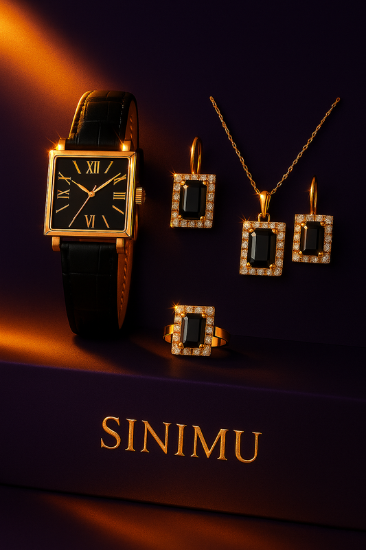 SINIMU Vintage Black Watch Jewelry Set for Women | 5pcs Elegant Accessory Collection Adjustable