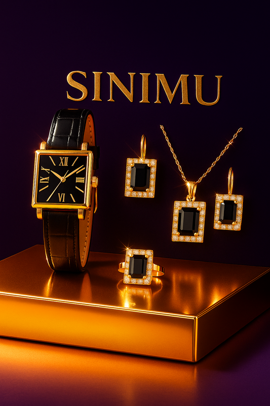 SINIMU Vintage Black Watch Jewelry Set for Women | 5pcs Elegant Accessory Collection Adjustable
