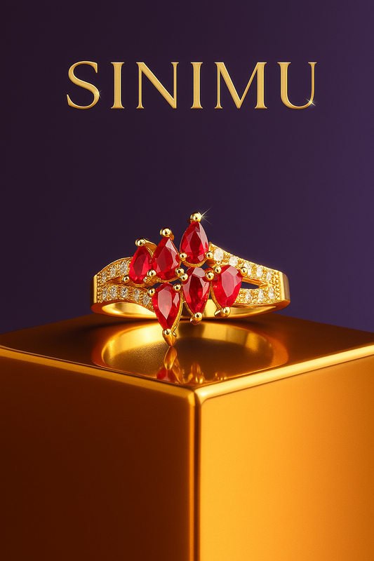 SINIMU – Scarlet Bloom Ring | Ornate Gold-Plated Ring 2 Adjustable