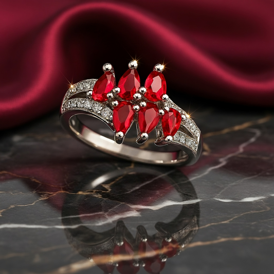 SINIMU – Scarlet Bloom Ring | Ornate Silver-Plated Ring WOMEN Adjustable
