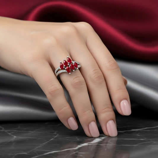 SINIMU – Scarlet Bloom Ring | Ornate Silver-Plated Ring WOMEN Adjustable
