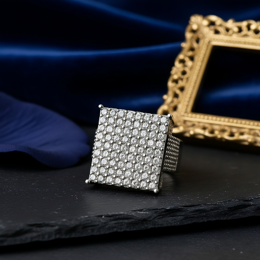 SINIMU – Silver Grid Signet Ring | Pavé Square-Faced WOMEN Adjustable