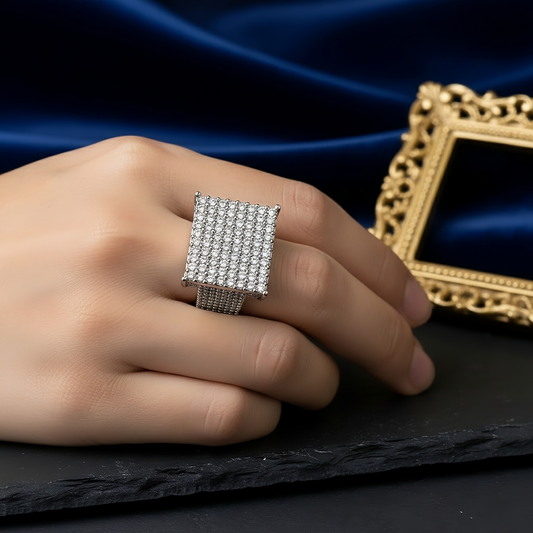 SINIMU – Silver Grid Signet Ring | Pavé Square-Faced WOMEN Adjustable