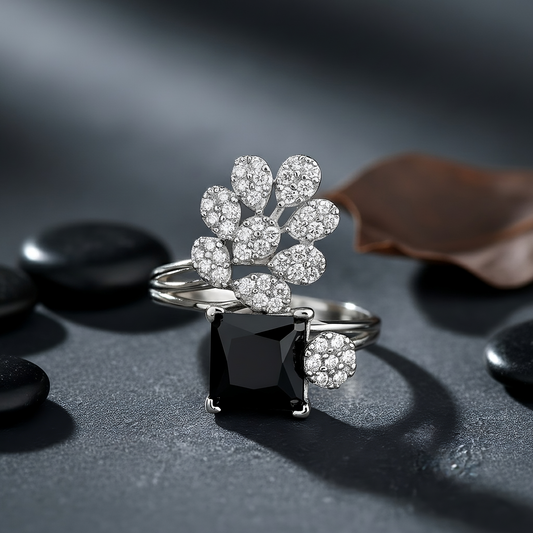 SINIMU – Regal Bloom Crest Ring | Square-Cut SILVER WOMEN Adjustable