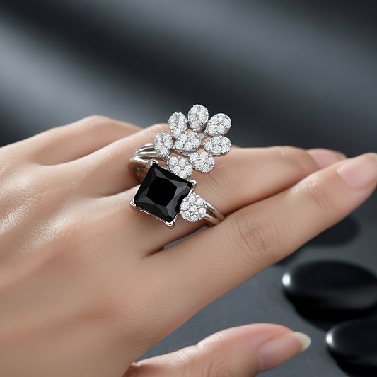 SINIMU – Regal Bloom Crest Ring | Square-Cut SILVER WOMEN Adjustable