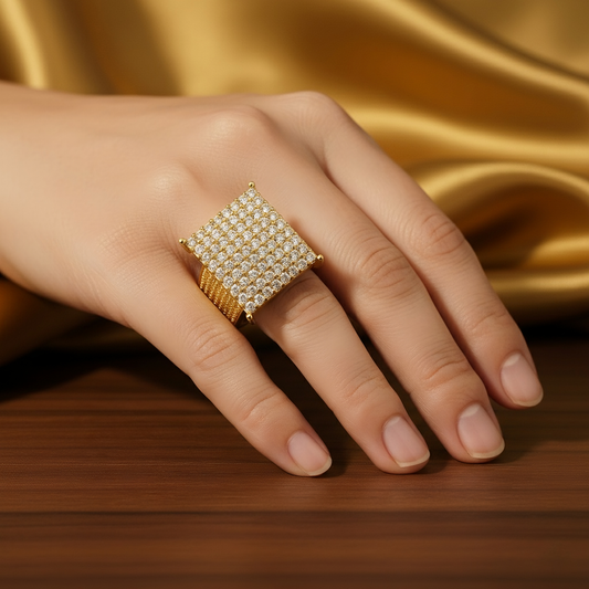 SINIMU – GOLD Grid Signet Ring | Pavé Square-Faced Adjustable