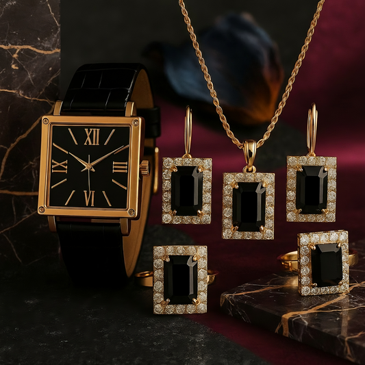 SINIMU Vintage Black Watch Jewelry Set for Women | 5pcs Elegant Accessory Collection Adjustable